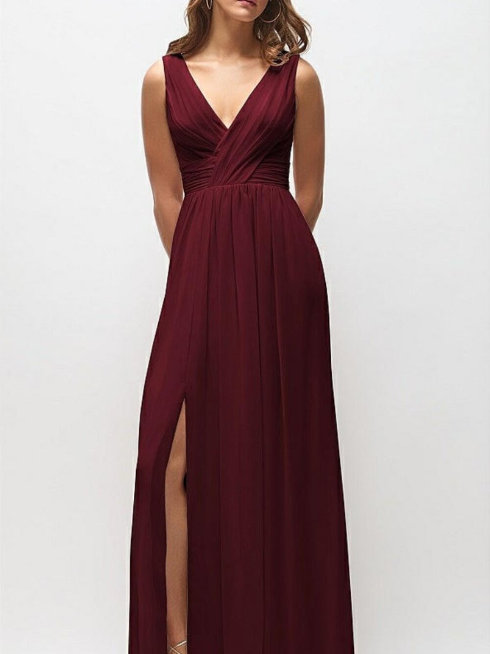 Dessy 2894..Sleeveless Draped Chiffon Maxi Dress with Front Slit..Burgundy..Sz 8